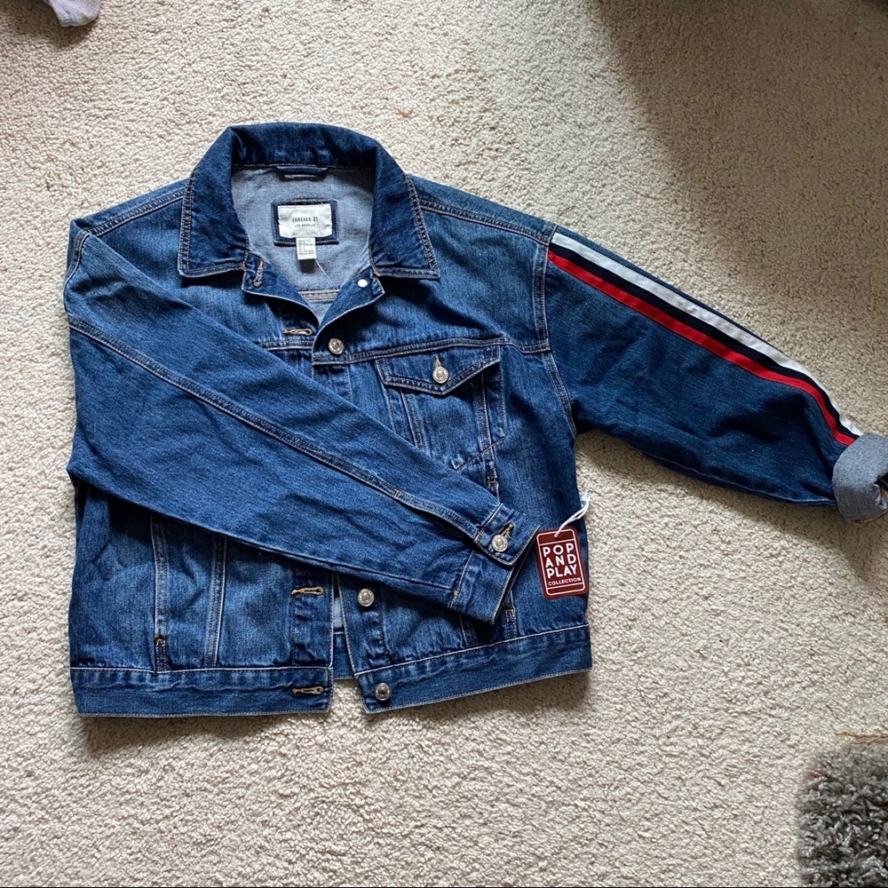 denim jacket with stripe ribbon on the sleeves